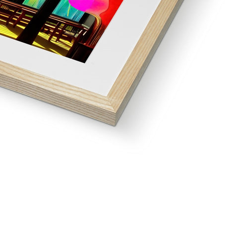 A wooden frame holding a very colorful image on a wall.
