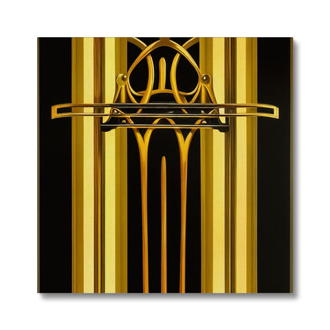 A clock clock with a gold design that is framed in an art deco background.