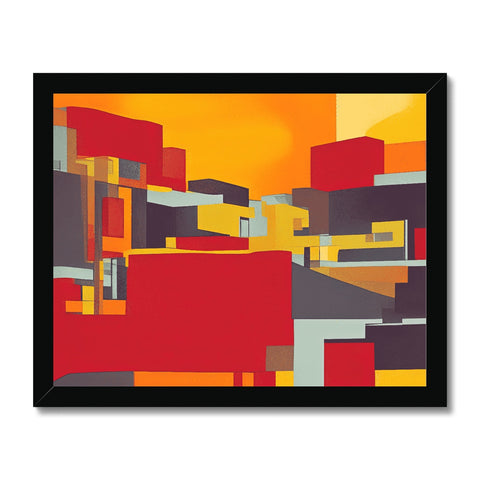 An art print with orange squares hanging off of a wall.