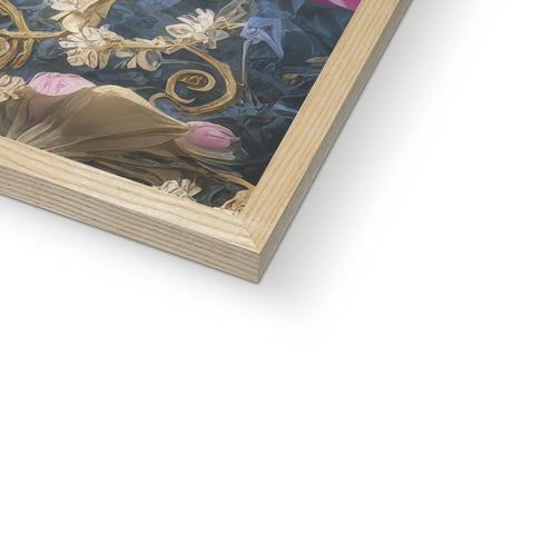 The wooden picture frame has many different styles of artwork on it.