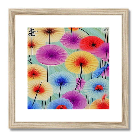 Art print with colorful flowers in it on a white umbrella on a wall with a leaf