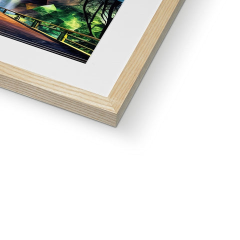 A photo on a white frame in a frame of wood with a tree, trees,