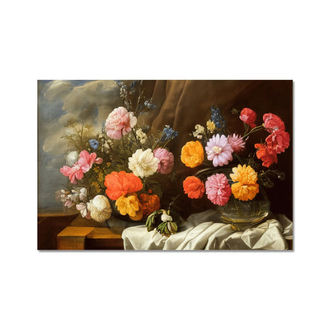 Frescoed pots of flowers filled with various kinds of different colored flowers. �