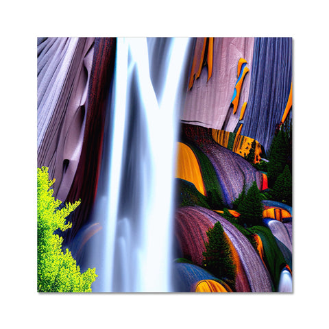 A soft cover printed picture of a waterfall along the side of a mountain.