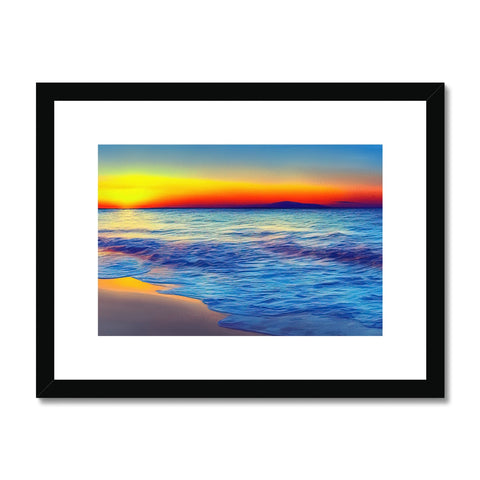 A framed photo of sunset looking at a blue ocean with a black and white beach background