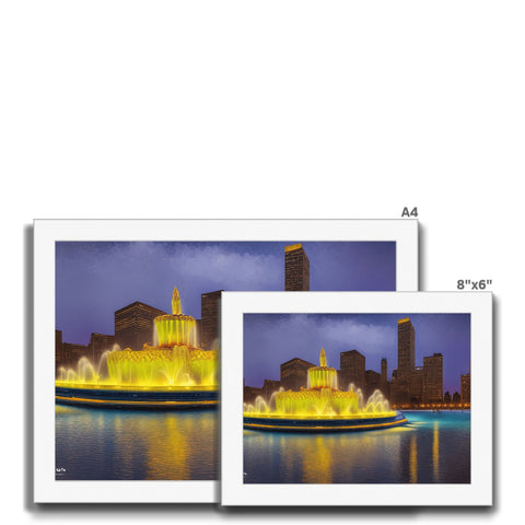 An art print of a city skyline with fountains and large buildings.
