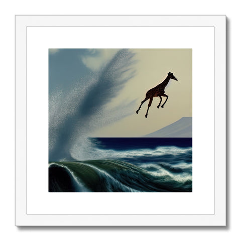 A giraffe riding a black and white painting of a surfer riding a white surf