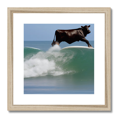 A brown cow riding on a surfing wave on top of a wood frame.