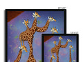 Four giraffes with antlers and beaks watching a monkey on a tree near