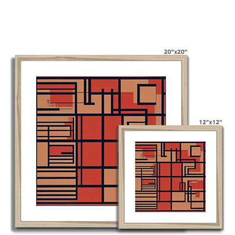 A photo frame contains a white art piece with orange and red squares.