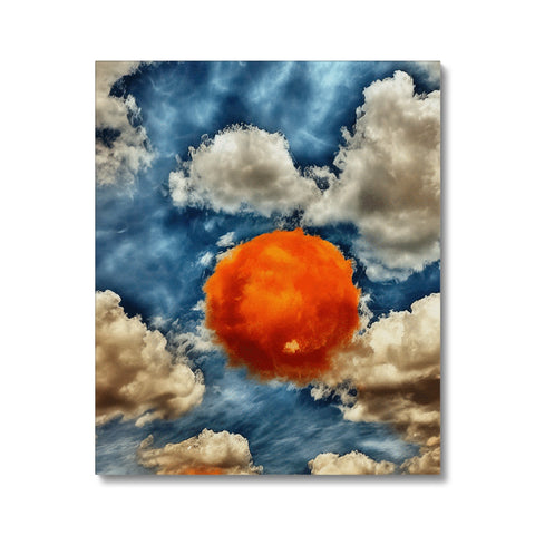 A piece of art printed with a large orange blanket in the sky.