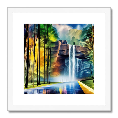 An art print of a waterfall, with trees and bushes and a river next to it