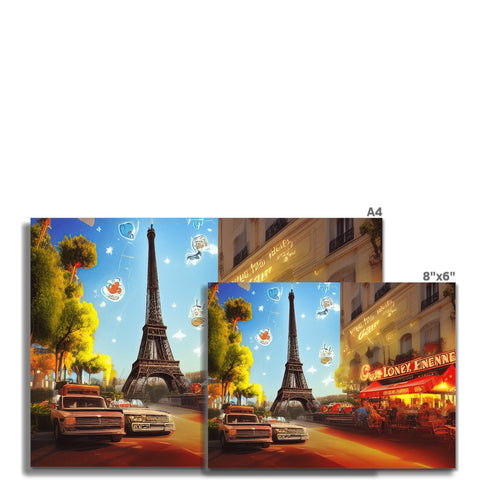 A placemat with colorful artwork and an  Eifel picture on the table