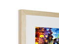 a photo frame with colorful artwork that is in a wood frame