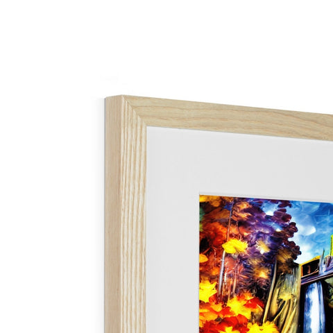 a photo frame with colorful artwork that is in a wood frame