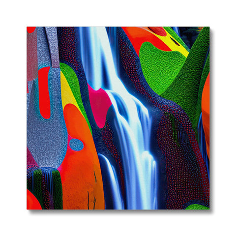 A colorful waterfall flowing through an art print of a watery setting.