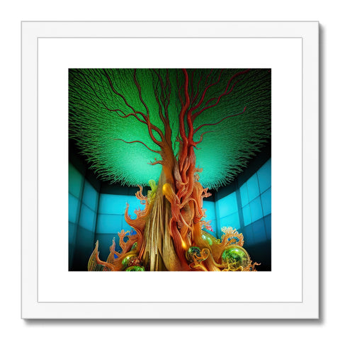 Art print of a tree growing inside of a glass aquarium.