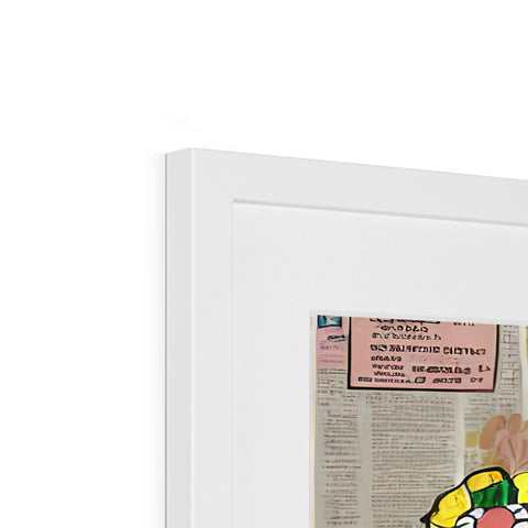A framed newspaper of an advertisement in a white framed glass top cupboard.