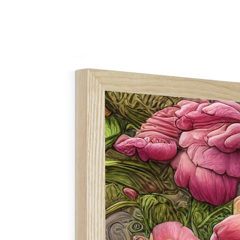 A white wooden card inside of a wooden frame with peonies on it.