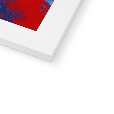 A framed picture of an abstract painting hanging on a wall with patriotic color.