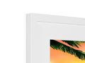 A tropical picture of a palm tree on a white frame that has a sunset sitting next