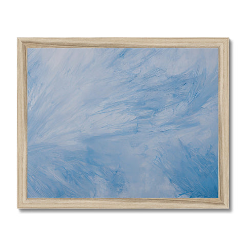 A painting of clouds on a white background sits in a frame.