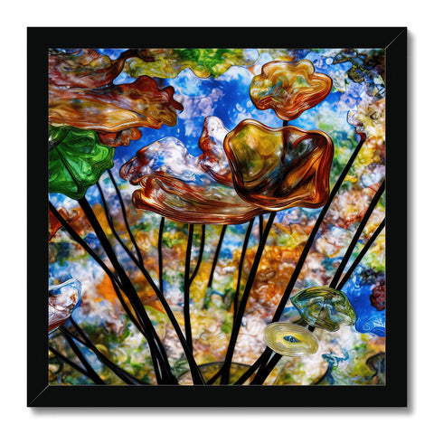 A stained glass art print of mushrooms and water lilies and moss hangs on top of