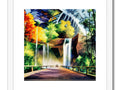 Art print of a waterfall with a walking bridge across the water.