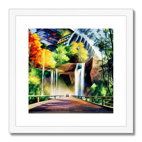Art print of a waterfall with a walking bridge across the water.