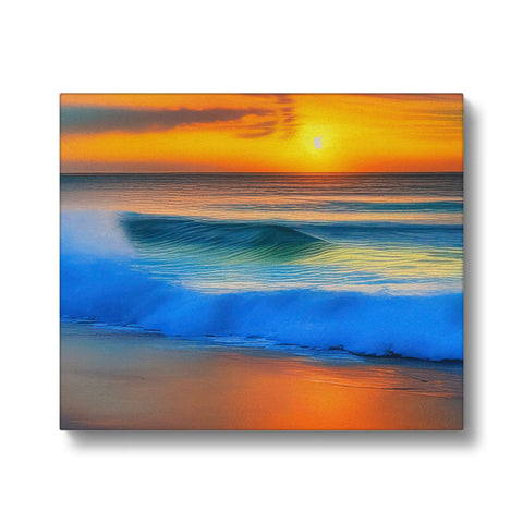 An art print of a beach in a picture of water with waves and a sun setting