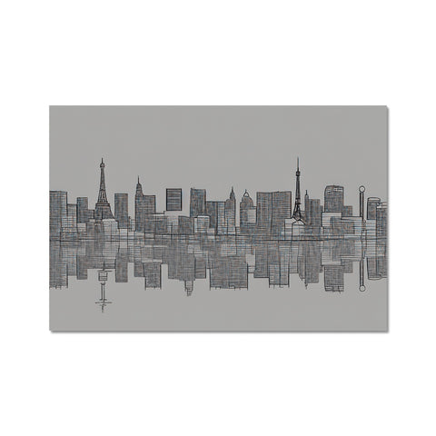 An art print with a skyline view of a city on the skyline.