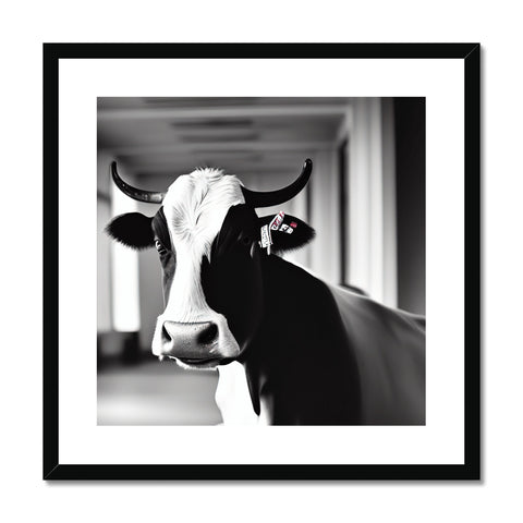 a cow standing on a black and white photo.