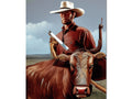 A man that is holding a red and white bull on saddle.