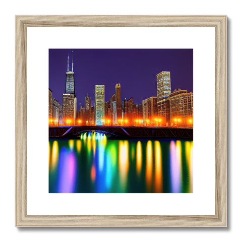 a framed art print of a city view in a hallway with light and the skyline