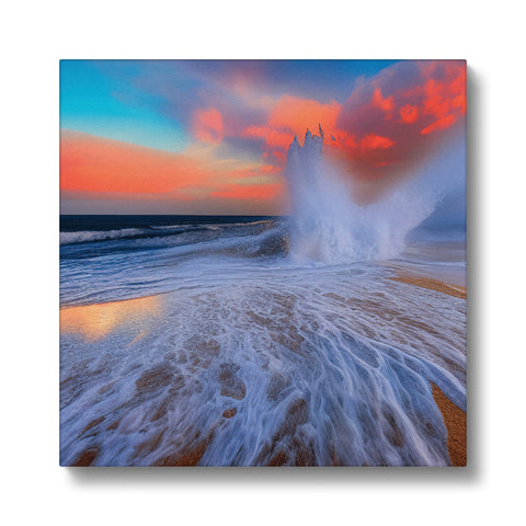 Art print shows waves crashing into the ocean at sunset on top of a beach.