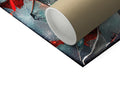 A sheet of tote paper is wrapped around a toilet paper roll on a table.