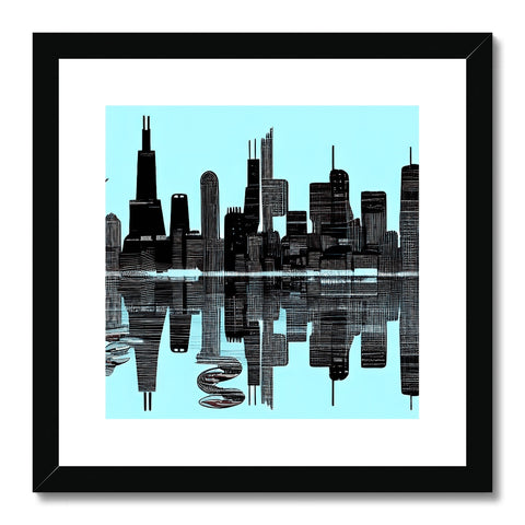 An Art print on a wooden floor featuring the skyline of Chicago.