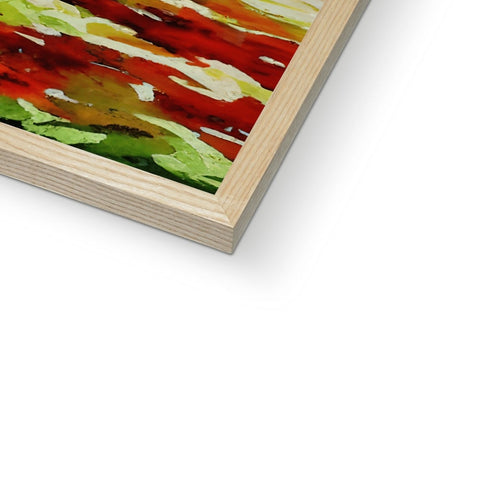 An abstract painted painting is on a wooden frame placed within a wooden box.