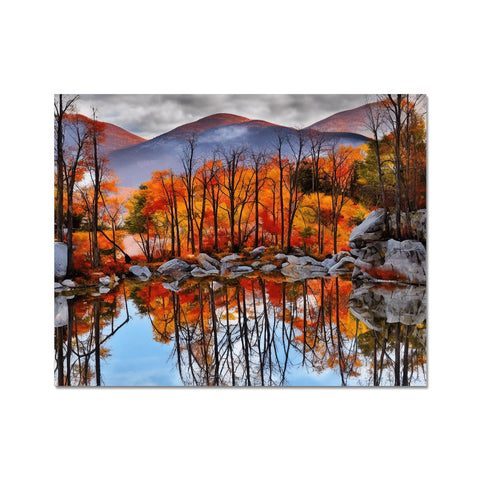 A colorful print of mountains and river bed with a forest backdrop