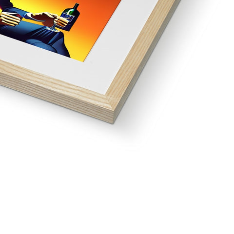 A picture made out of wood is framed in a blue and yellow background.