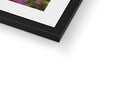 A large black picture frame with a picture of flowers on top and a white photo of