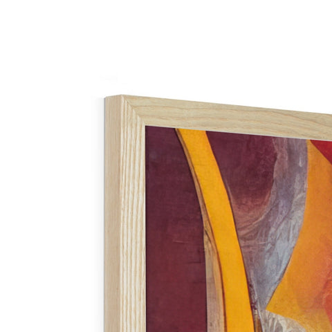 A close-up of some wooden wood framed wood panels, hanging from a wall on