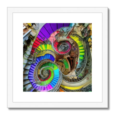 An art print featuring a spiraling staircase on a marble floor.