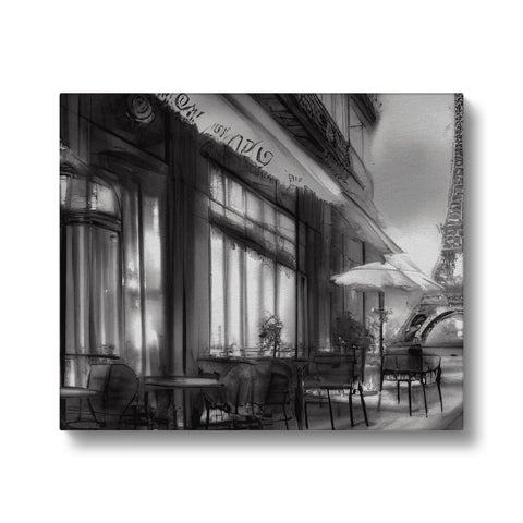 A large black and white photo of a cafe with a bakery in it.