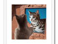 A framed picture of a cat looking out of a doorway.