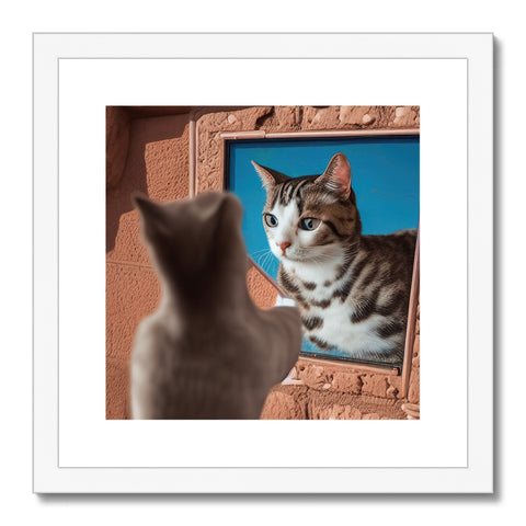 A framed picture of a cat looking out of a doorway.
