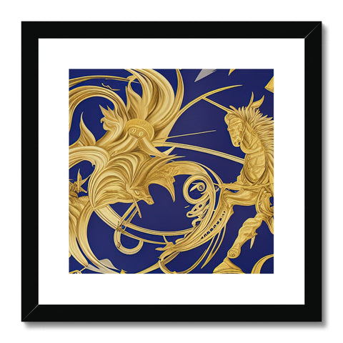 A blue and gold wall hanging with a photo of a dragon and cat with feathers.