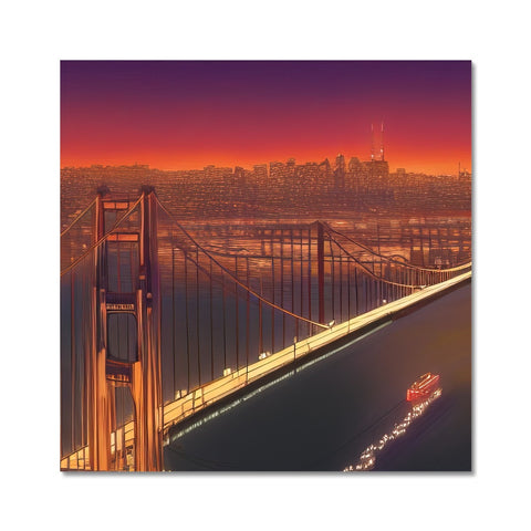 An art print on a bridge overlooking San Francisco harbor is in front of a street.