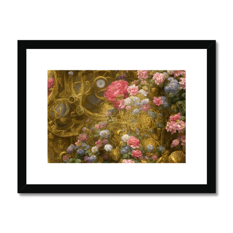 A framed art print with a gold clock sitting atop a white wall.