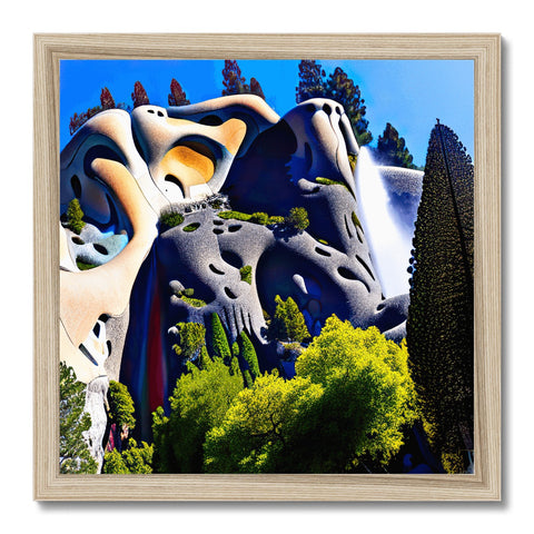 An artist holding a water sculpture above a rocky mountainside in a frame with mountains.